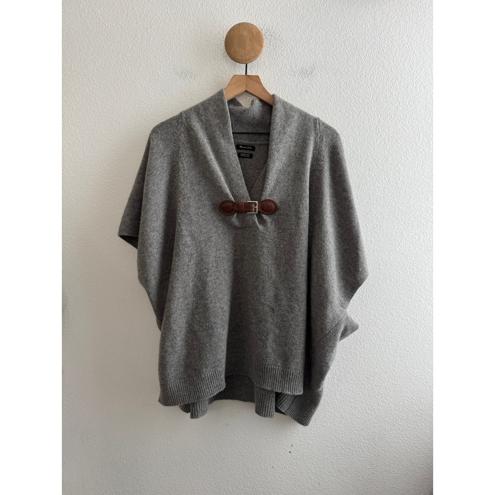 Massimo Dutti Gray Knit Poncho Sweater Italian Yarn Leather Buckle Small *Hole*